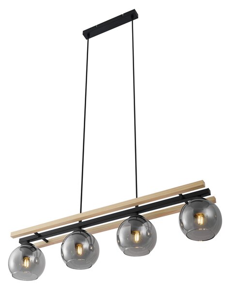 Lampă suspendată modernă neagră cu lemn și sticlă fumurie cu 4 lumini - Aleks