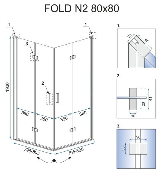 Rea Fold N2, cabină de duș cu ușă rabatabilă 70 (uşă) x 70 (uşă), sticlă transparentă de 6 mm, profil cromat, REA-K1950