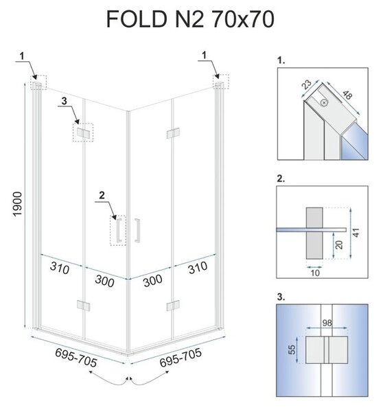 Rea Fold N2, cabină de duș cu ușă rabatabilă 70 (uşă) x 70 (uşă), sticlă transparentă de 6 mm, profil cromat, REA-K1950