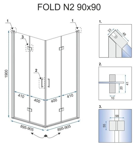 Rea Fold N2, cabină de duș cu ușă rabatabilă 70 (uşă) x 70 (uşă), sticlă transparentă de 6 mm, profil cromat, REA-K1950