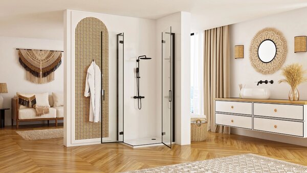 Rea Hugo Double, cabină de duș cu 2 aripi 80 (uşă) x 80 (uşă) x 200 cm, sticlă transparentă de 6 mm, profil negru, REA-K6600