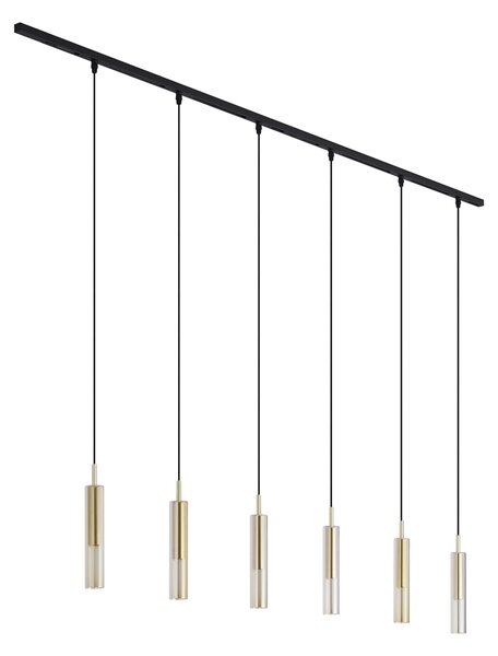 Sistem de iluminat pe șină modern negru cu 6 lămpi suspendate aurii cu sticlă ambră monofazată - Slimline Loyce