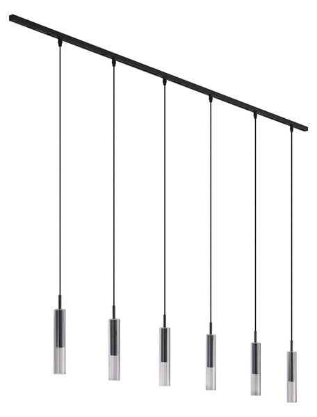 Sistem de iluminat pe șină modern negru cu 6 lămpi suspendate negre cu sticlă fumurie monofazat - Slimline Loyce