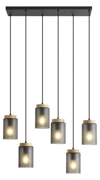 Lampă suspendată modernă neagră cu lemn și sticlă gri mat 6 lumini - Umbra