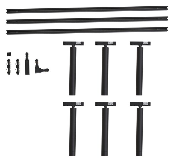 Sistem de iluminat cu șină modern negru cu 6 spoturi negre monofazate - Slimline Avery