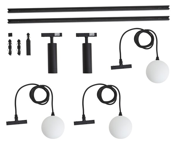 Sistem de iluminat pe șină modern negru cu 2 spoturi și 3 lumini suspendate monofazate - Slimline Uzzy Eira