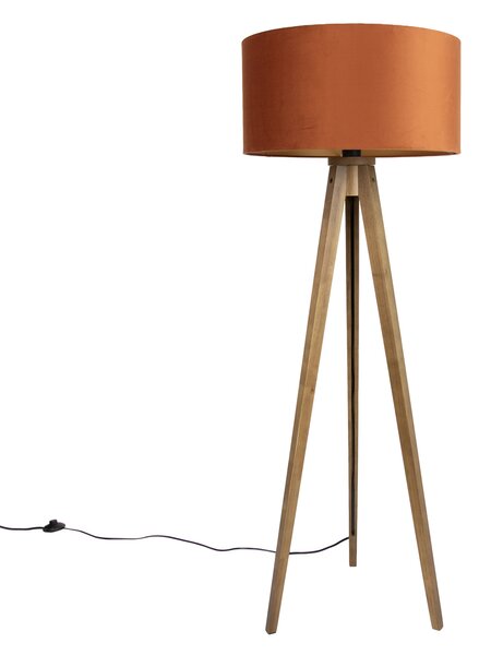 Lampă de podea din lemn cu abajur portocaliu și interior auriu 50cm - Tripod Classic