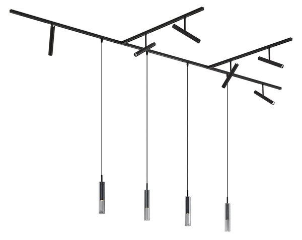 Sistem de iluminat pe șină modern negru cu 6 spoturi și 4 lumini suspendate negre monofazate - Slimline Avery Loyce