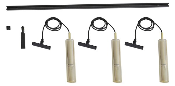 Sistem de iluminat pe șină modern negru cu 3 lumini suspendate aurii cu sticlă ambră monofazată - Slimline Loyce