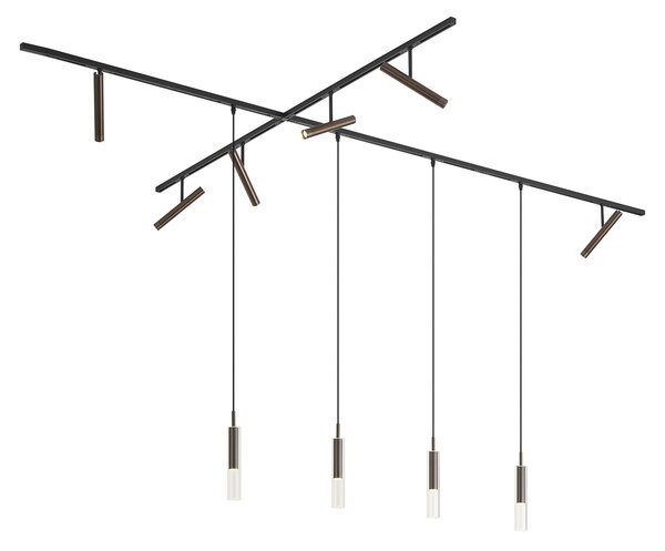 Sistem de iluminat pe șină modern negru cu 6 spoturi și 4 lumini suspendate bronz închis monofazat - Slimline Avery Loyce