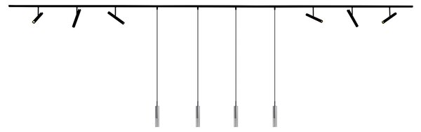 Sistem de iluminat pe șină modern negru cu 6 spoturi și 4 lumini suspendate negre monofazate - Slimline Avery Loyce
