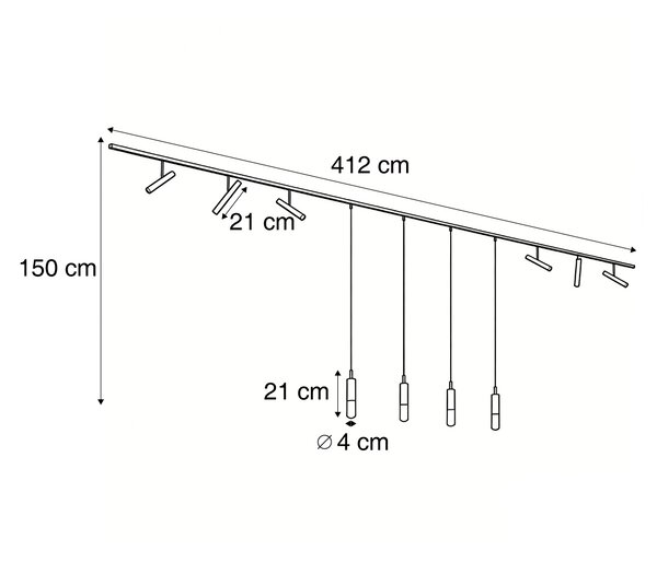 Sistem de iluminat pe șină modern negru cu 6 spoturi și 4 lumini suspendate negre monofazate - Slimline Avery Loyce