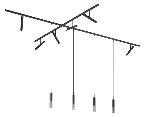 Sistem de iluminat pe șină modern negru cu 6 spoturi și 4 lumini suspendate negre monofazate - Slimline Avery Loyce