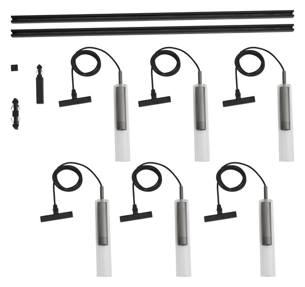 Sistem de iluminat cu șină modern negru cu 6 lămpi suspendate gunmetal monofazate - Slimline Loyce