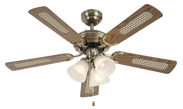Ventilator de tavan din alamă cu imprimeu de lemn și ratan 105cm cu comutator cu lanț - Mistral Lia