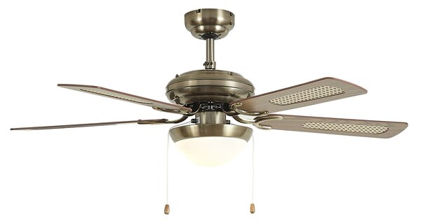 Ventilator de tavan din alamă cu imprimeu de lemn și ratan 105cm cu comutator cu lanț - Mistral Majas