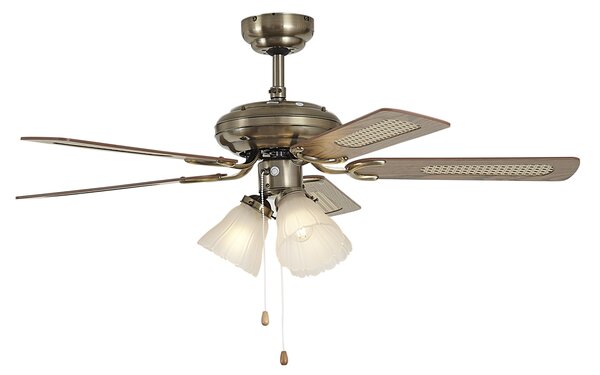Ventilator de tavan din alamă cu imprimeu de lemn și ratan 105cm cu comutator cu lanț - Mistral Lia