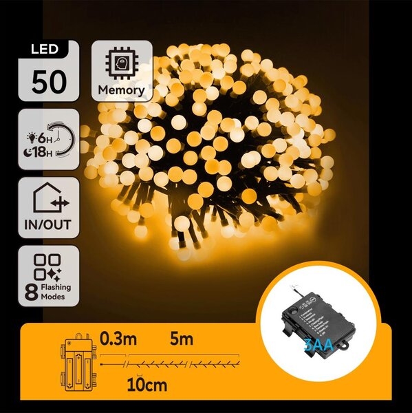 Aigostar - Ghirlandă LED de exterior, 50 LED, 8 funcții, alimentată cu 3x AA, 5,3 m, IP44, alb cald
