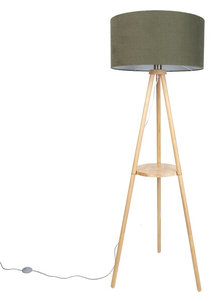 Lampă de podea cu trepied din lemn cu abajur verde 50cm - Lou