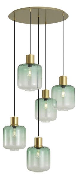 Lampă suspendată Hotel Chic alamă cu sticlă albastră și verde 5 lumini - Qara