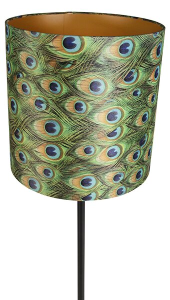 Lampă de podea neagră cu abajur din catifea cu motive de păun auriu 40 cm - Simplo