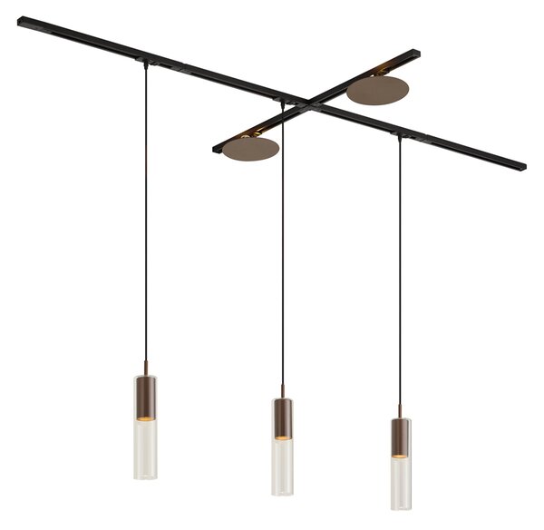 Sistem de iluminat pe șină modern negru cu 3 lămpi suspendate și 2 plafoniere bronzate monofazate - Iconic Lloyd Pulley