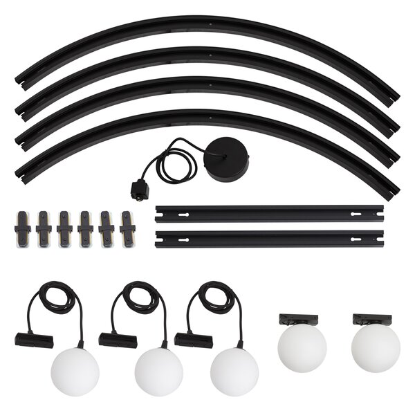 Sistem de iluminat pe șină oval modern negru cu 3 lămpi suspendate și 2 plafoniere albe monofazate - Iconic Perle