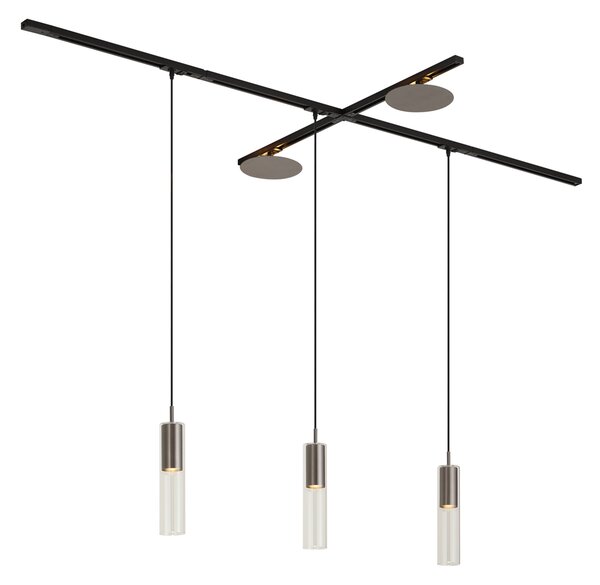 Sistem de iluminat cu șină modern negru cu 3 lămpi suspendate și 2 spoturi de tavan gunmetal monofazate - Iconic Lloyd Pulley