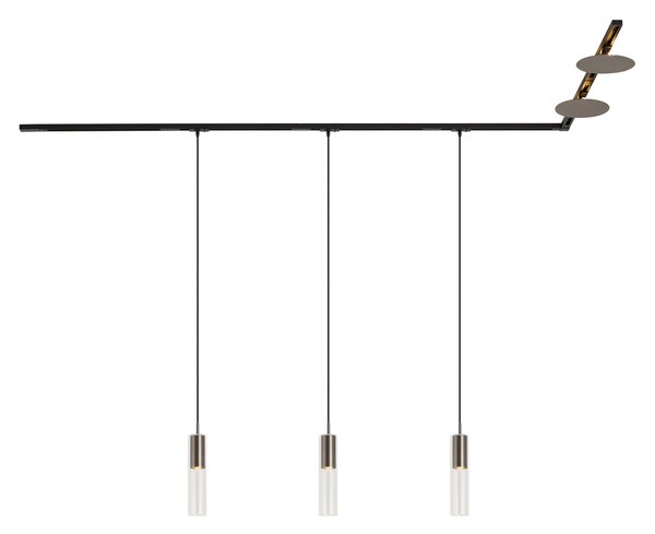 Sistem de iluminat cu șină modern negru cu 3 lămpi suspendate și 2 spoturi de tavan gunmetal monofazate - Iconic Lloyd Pulley