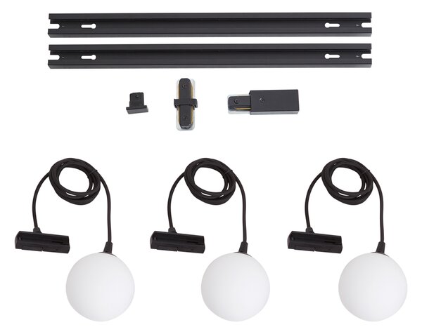 Sistem de iluminat pe șină modern negru cu 3 lumini suspendate albe monofazate - Iconic Perle