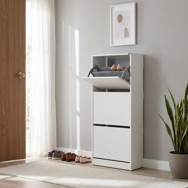 Pantofar Adore Compact Plus, 12 Perechi, 3 Compartimente, Alb - Stejar - Mov, 51x119x26 cm