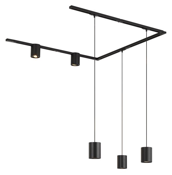 Sistem de iluminat pe șină modern negru cu 3 lămpi suspendate și 2 spoturi monofazate - Iconic Holt Rondoo Up