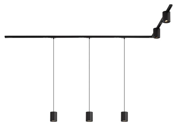 Sistem de iluminat pe șină modern negru cu 3 lămpi suspendate și 2 spoturi monofazate - Iconic Holt Rondoo Up