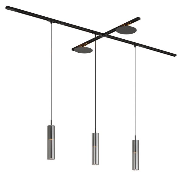Sistem de iluminat pe șină modern negru cu 3 lumini suspendate și 2 plafoniere monofazate - Iconic Lloyd Pulley
