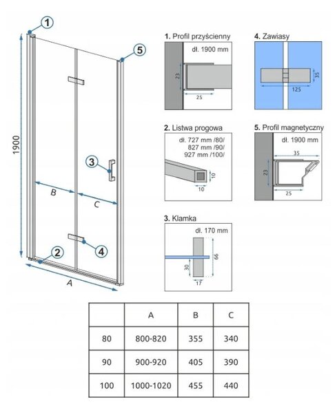 Rea Molier, usa de dus plianta 100x190cm, sticla transparenta 6mm, profil cromat, REA-K6371