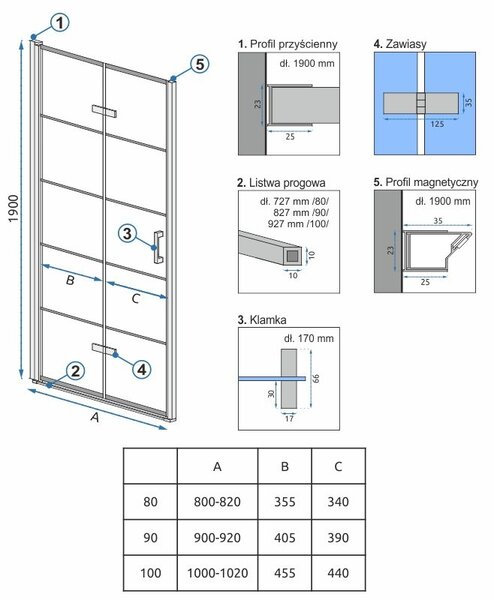 Rea Molier, usa de dus plianta 80x190cm, sticla transparenta 6mm, profil negru, REA-K8537
