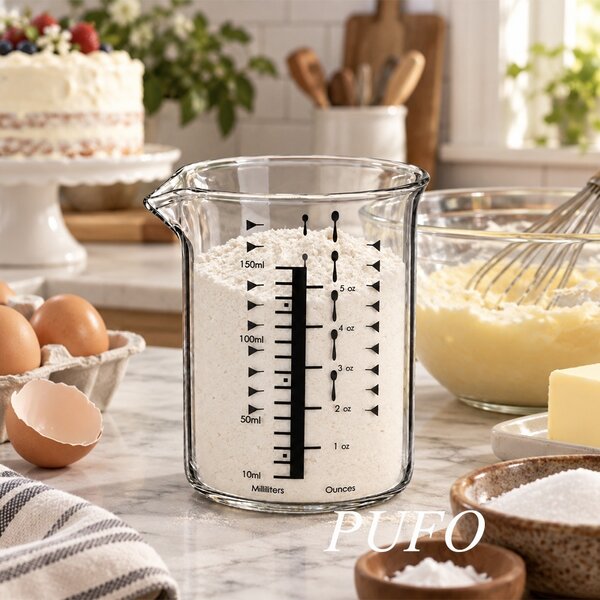 Cana gradata Pufo din sticla pentru masurare ingrediente, 150 ml, transparenta