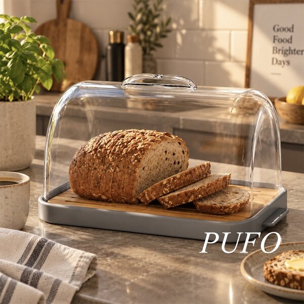 Cutie pentru paine din bambus cu capac transparent, 27.9 x 18 cm– recipient depozitare paine si produse de panificatie