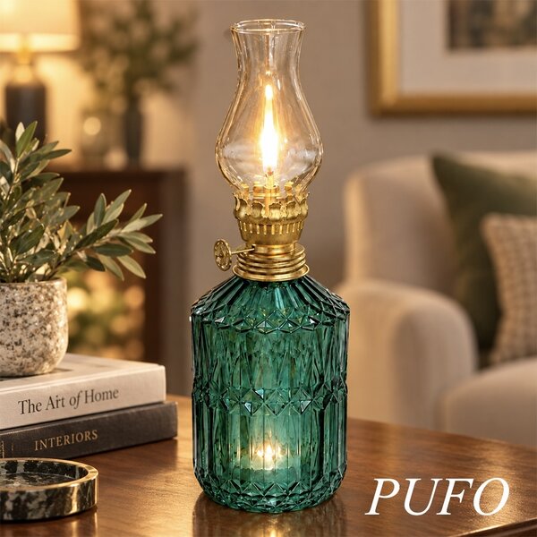 Lampa Pufo Glass din sticla pentru ulei cu fitil, 24 cm- decor vintage si iluminare ambientala