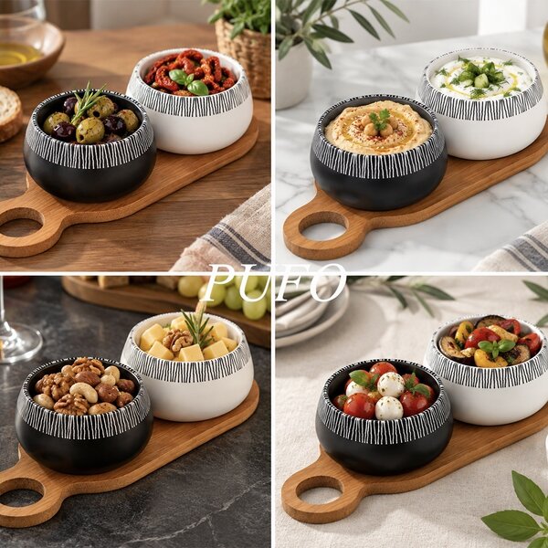 Set 2 boluri ceramice cu tava din lemn de bambus– set servire aperitive, masline, nuci si gustari, 27.5 x 10 cm