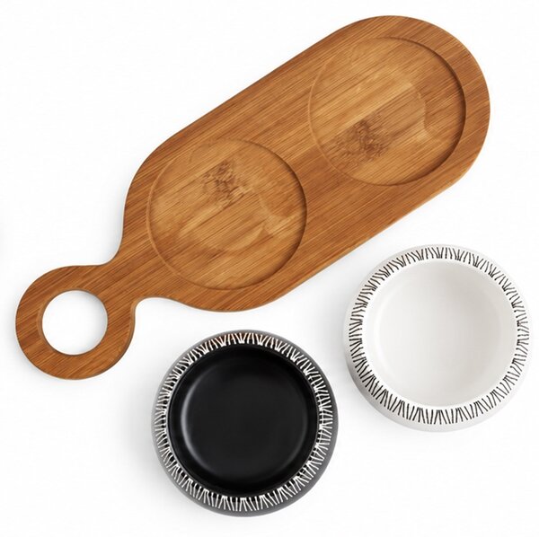 Set 2 boluri ceramice cu tava din lemn de bambus– set servire aperitive, masline, nuci si gustari, 27.5 x 10 cm