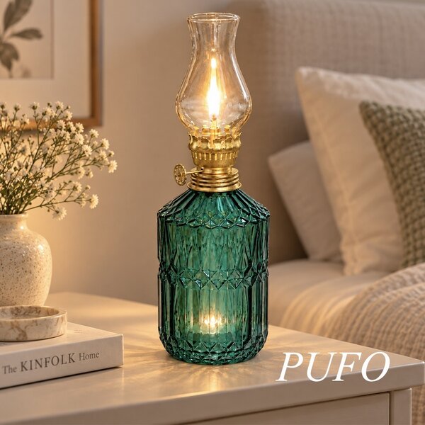 Lampa Pufo Glass din sticla pentru ulei cu fitil, 24 cm- decor vintage si iluminare ambientala