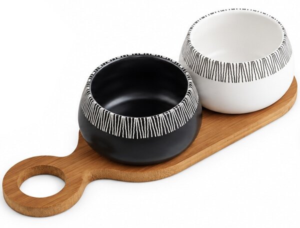Set 2 boluri ceramice cu tava din lemn de bambus– set servire aperitive, masline, nuci si gustari, 27.5 x 10 cm