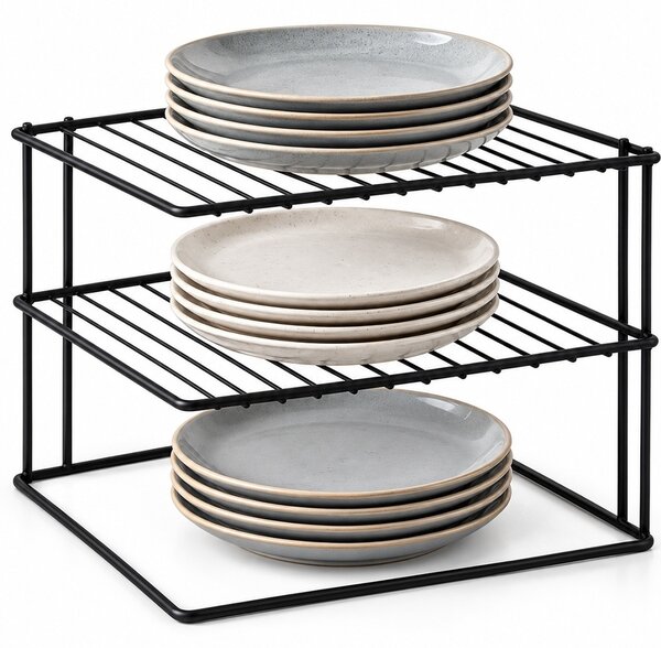 Etajera metalica de colt neagra cu 3 niveluri– organizator pentru condimente, dulap sau blat de bucatarie, 25 x 24.5 x 19 cm