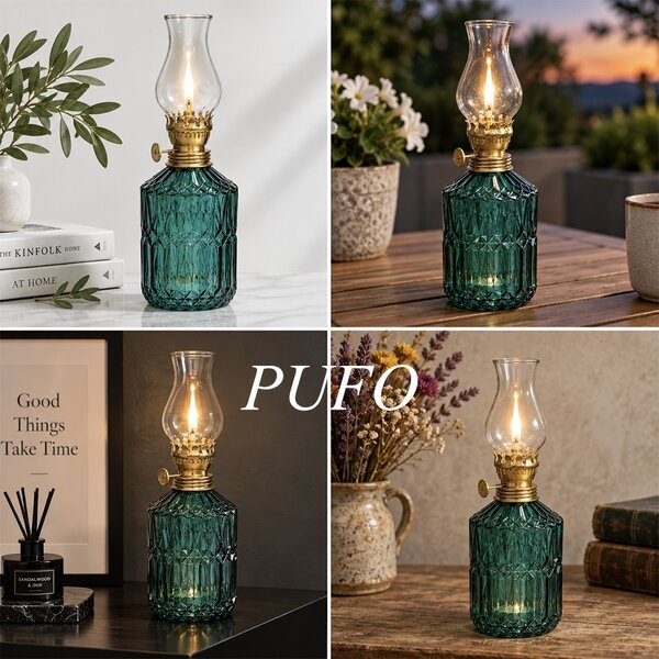 Lampa Pufo Glass din sticla pentru ulei cu fitil, 24 cm- decor vintage si iluminare ambientala