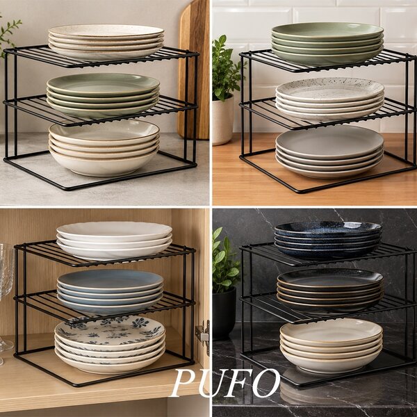 Etajera metalica de colt neagra cu 3 niveluri– organizator pentru condimente, dulap sau blat de bucatarie, 25 x 24.5 x 19 cm