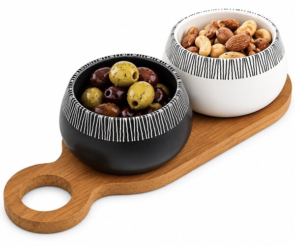 Set 2 boluri ceramice cu tava din lemn de bambus– set servire aperitive, masline, nuci si gustari, 27.5 x 10 cm