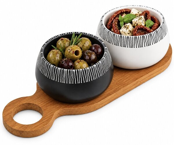 Set 2 boluri ceramice cu tava din lemn de bambus– set servire aperitive, masline, nuci si gustari, 27.5 x 10 cm