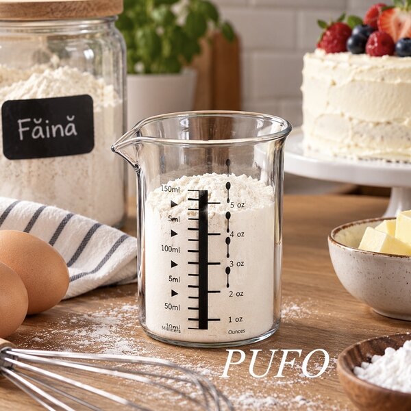 Cana gradata Pufo din sticla pentru masurare ingrediente, 150 ml, transparenta