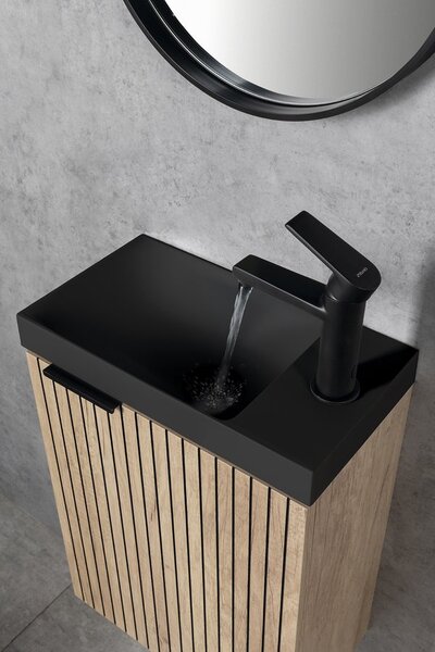 Sapho Sapho, chiuveta din marmura turnata AMAROK 40x22cm, negru mat, robinet pe dreapta, AR500B